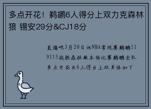 多点开花！鹈鹕6人得分上双力克森林狼 锡安29分&CJ18分